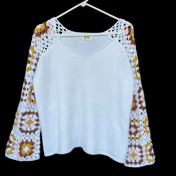 Bibi Womens Granny Square Sweater Small Beachy Cottage Crochet Hippie Vneck Boho - Picture 1 of 10